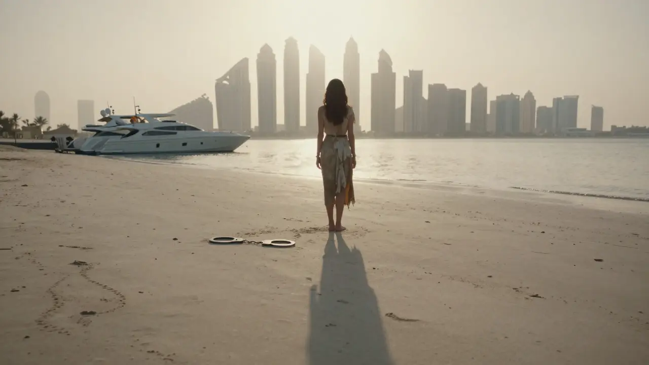 A solitary woman on a Dubai beach at dawn, luxury towers behind her, her shadow shaped like a handcuff.