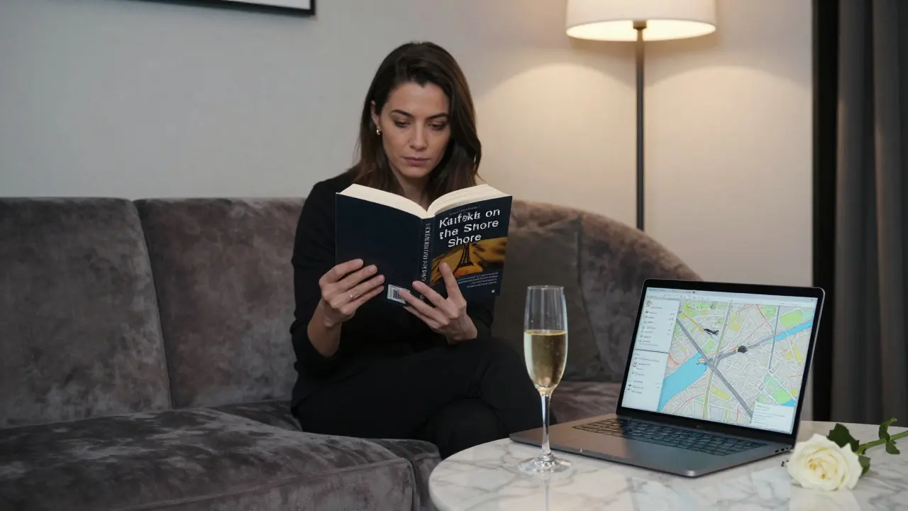 A sophisticated woman reading a book in a luxury hotel suite, with a champagne glass and travel map nearby.