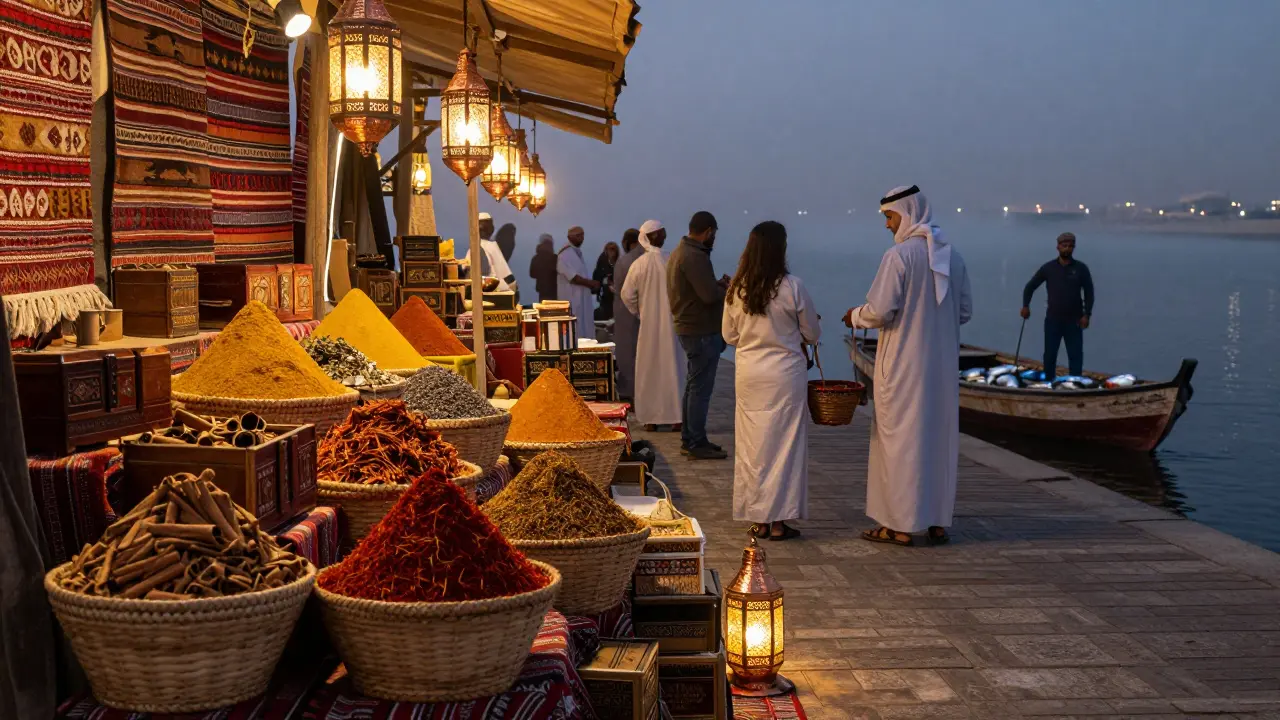 A vibrant spice souk at twilight with colorful spices, lanterns, and a dhow on the creek.