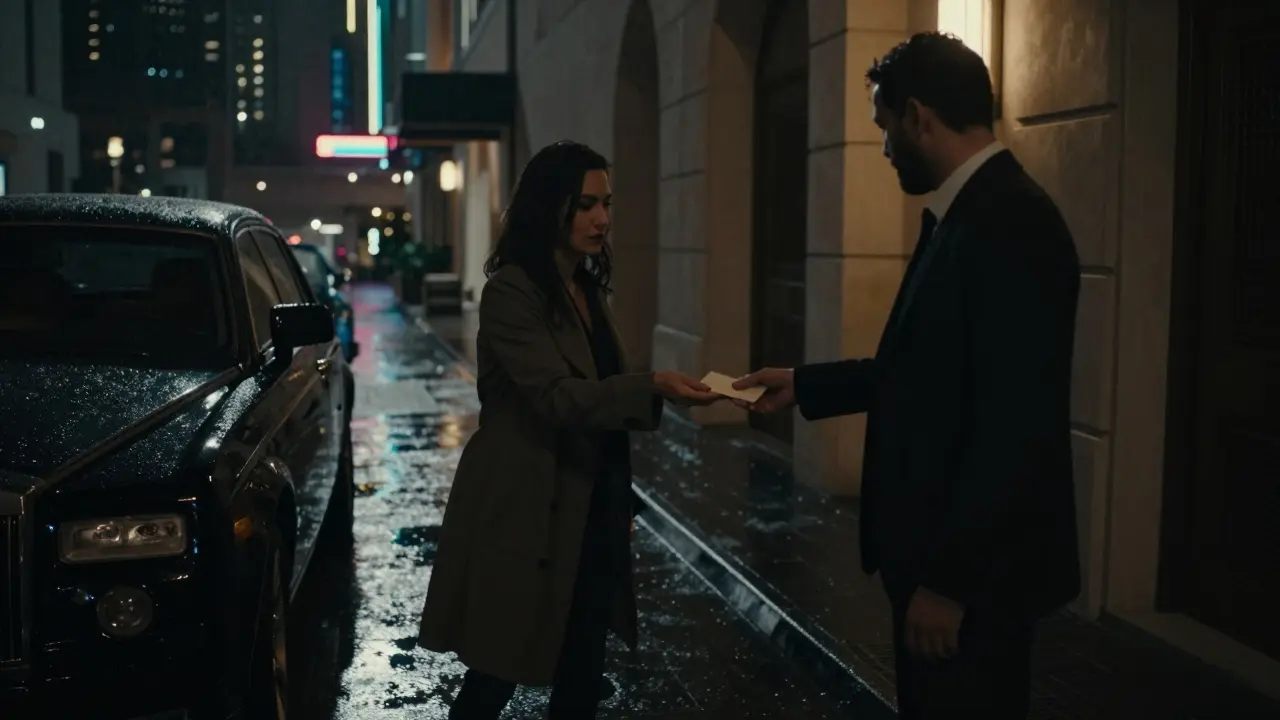 A woman handing an envelope to a man in a rainy alley behind a luxury hotel, car waiting nearby.