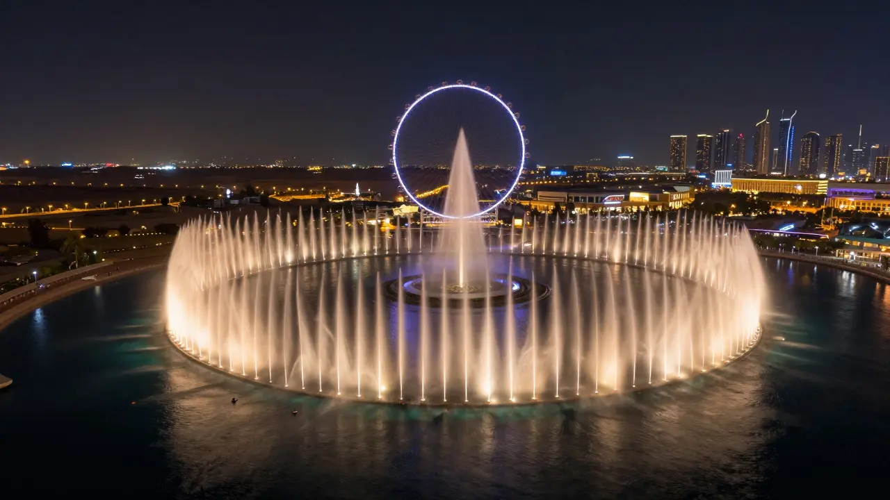 Aerial view of the Dubai Fountain from Bluewaters Island, surrounded by the Ain Dubai wheel and city lights at night.