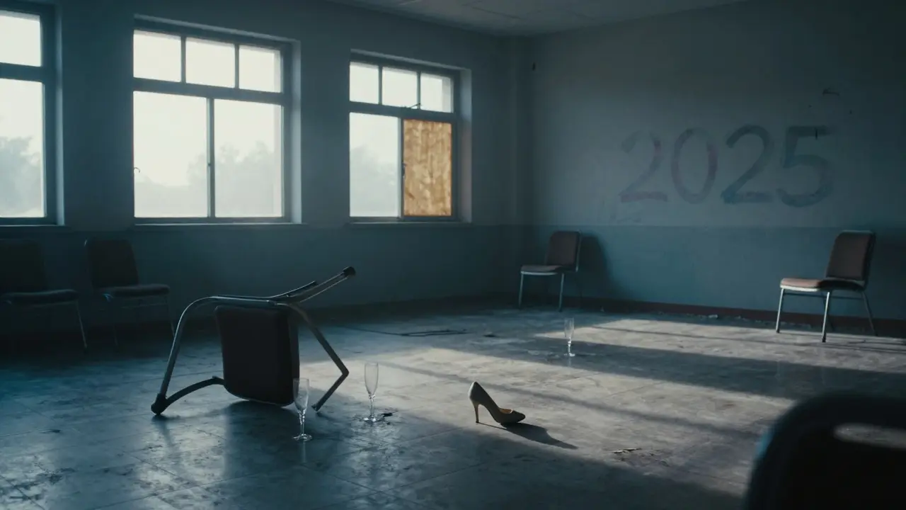 An abandoned underground club at dawn, with overturned furniture and a single high-heeled shoe left behind.