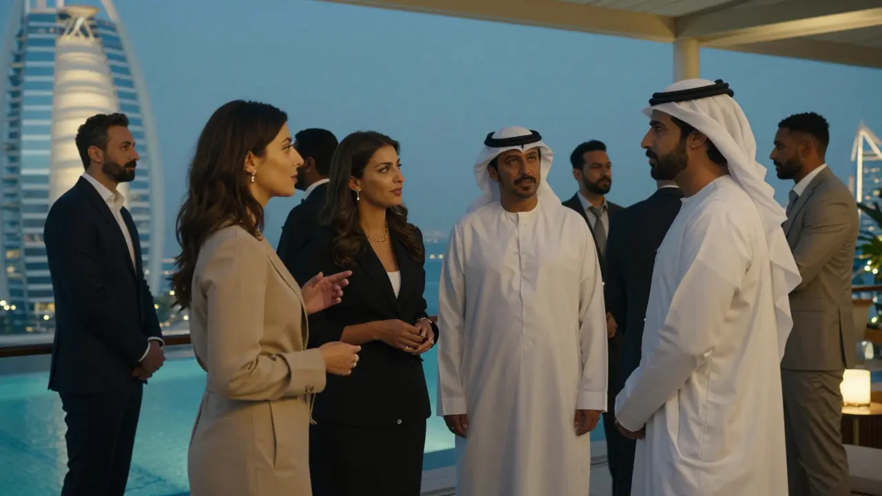 At a luxury business event in Dubai, a companion gently guides a client toward networking opportunities.