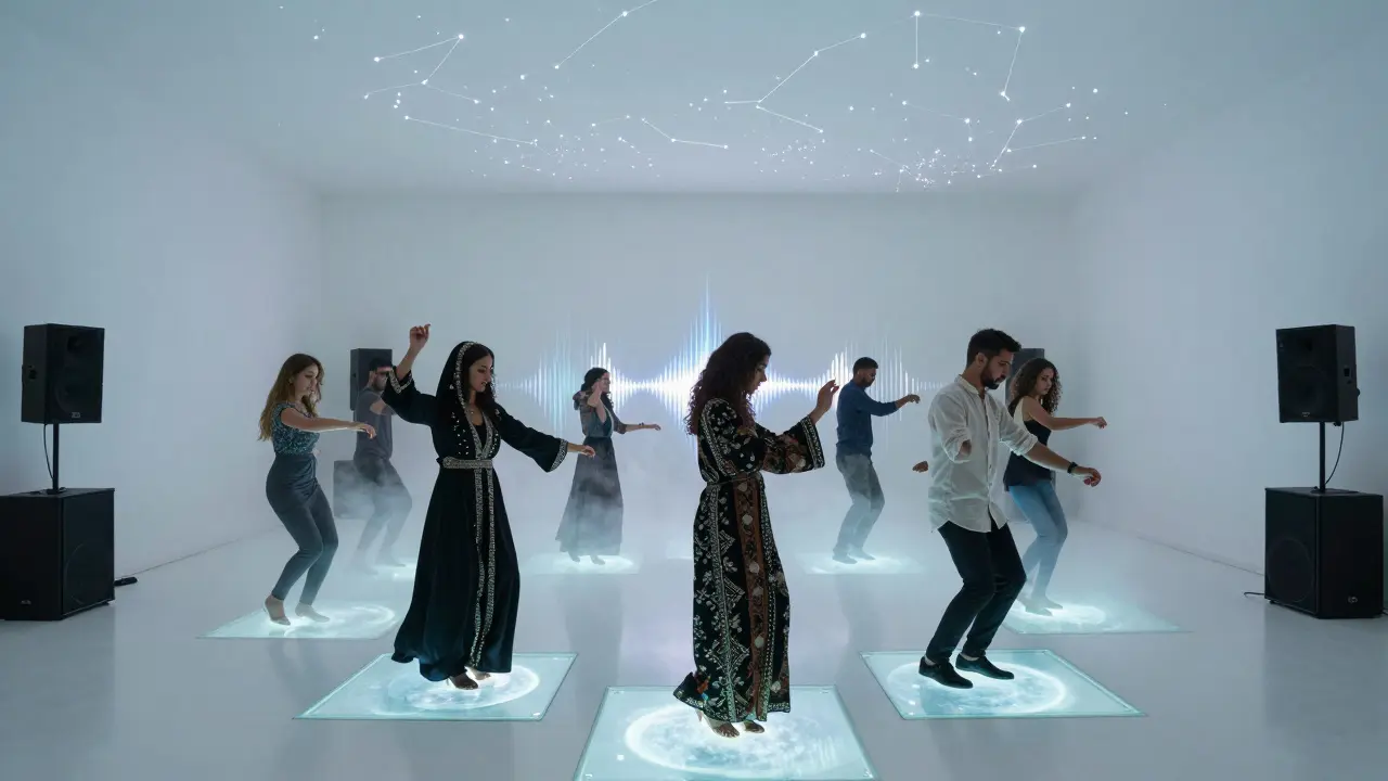 Diverse crowd dancing on illuminated glass floor under fiber-optic stars in a pristine white nightclub interior.