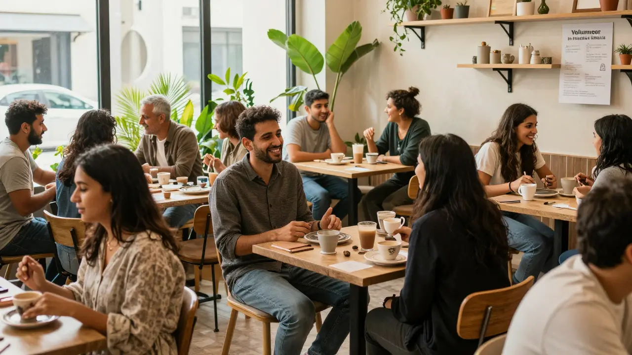Diverse expats socializing at a Dubai café, one man listening to a woman speak during a community meetup.