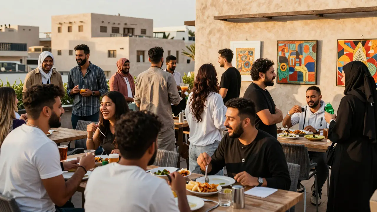 Diverse people socialize at a Dubai rooftop lounge and art event, enjoying cultural activities in warm evening light.