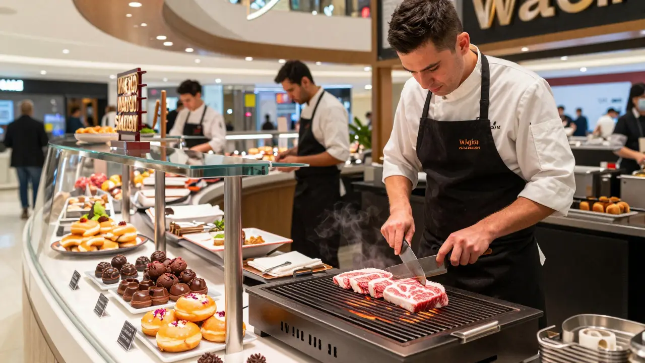 Dubai Mall Food Hall with chef slicing wagyu beef and chocolate truffles on display.