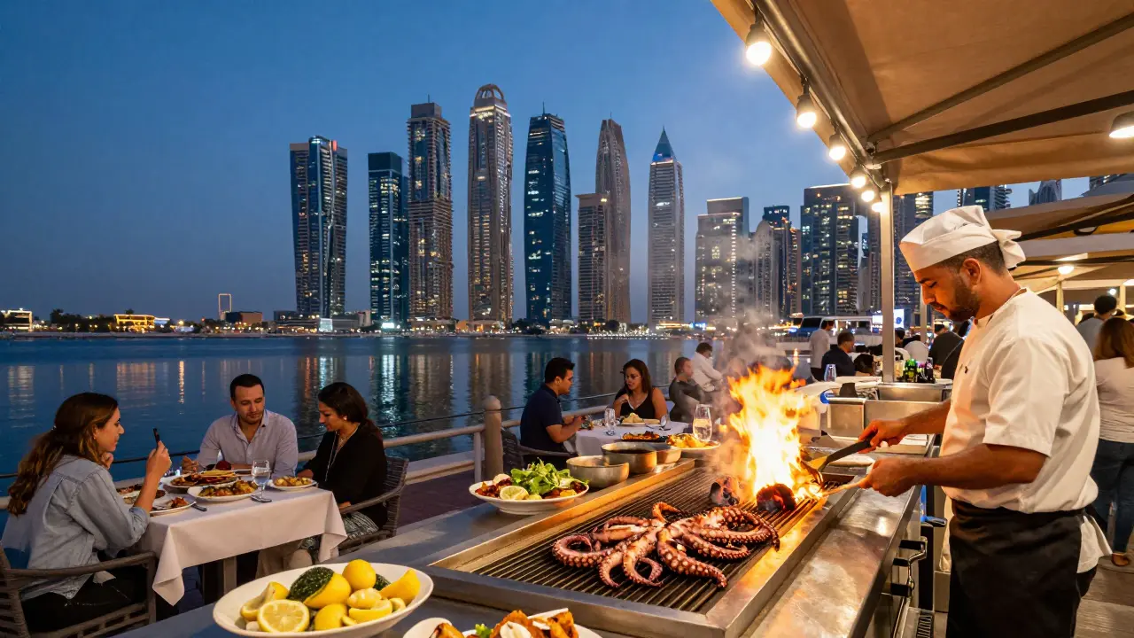 Dubai Marina evening scene with grilled octopus and glowing skyline reflections on water.