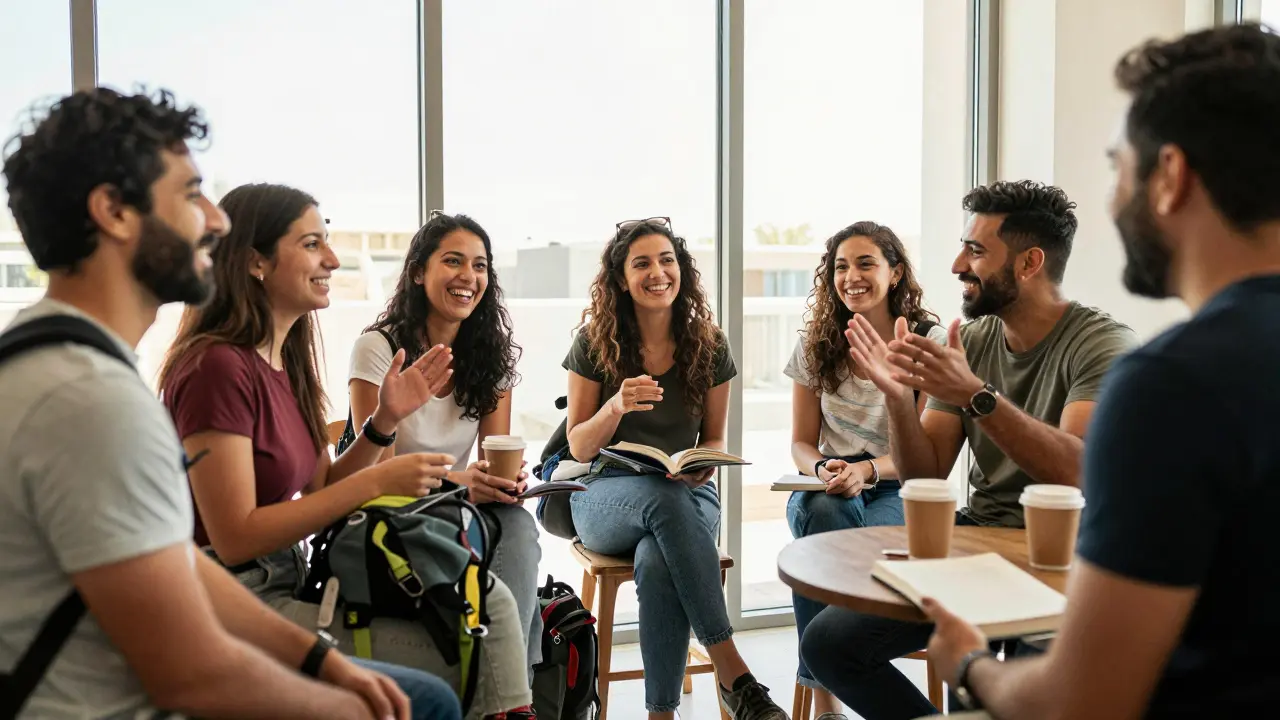 Expats socializing at a daytime coffee meetup in Dubai, smiling and connecting naturally.