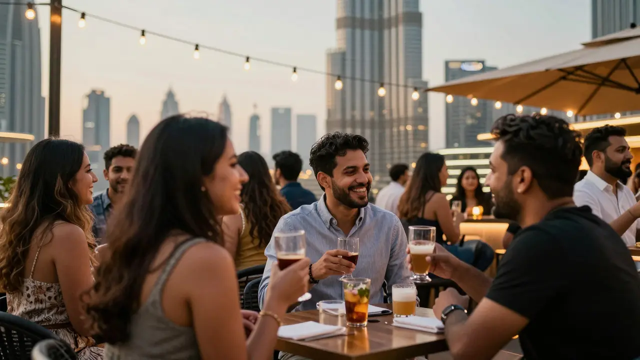 Expats socializing at a rooftop bar in Dubai with the Burj Khalifa lit up in the background.