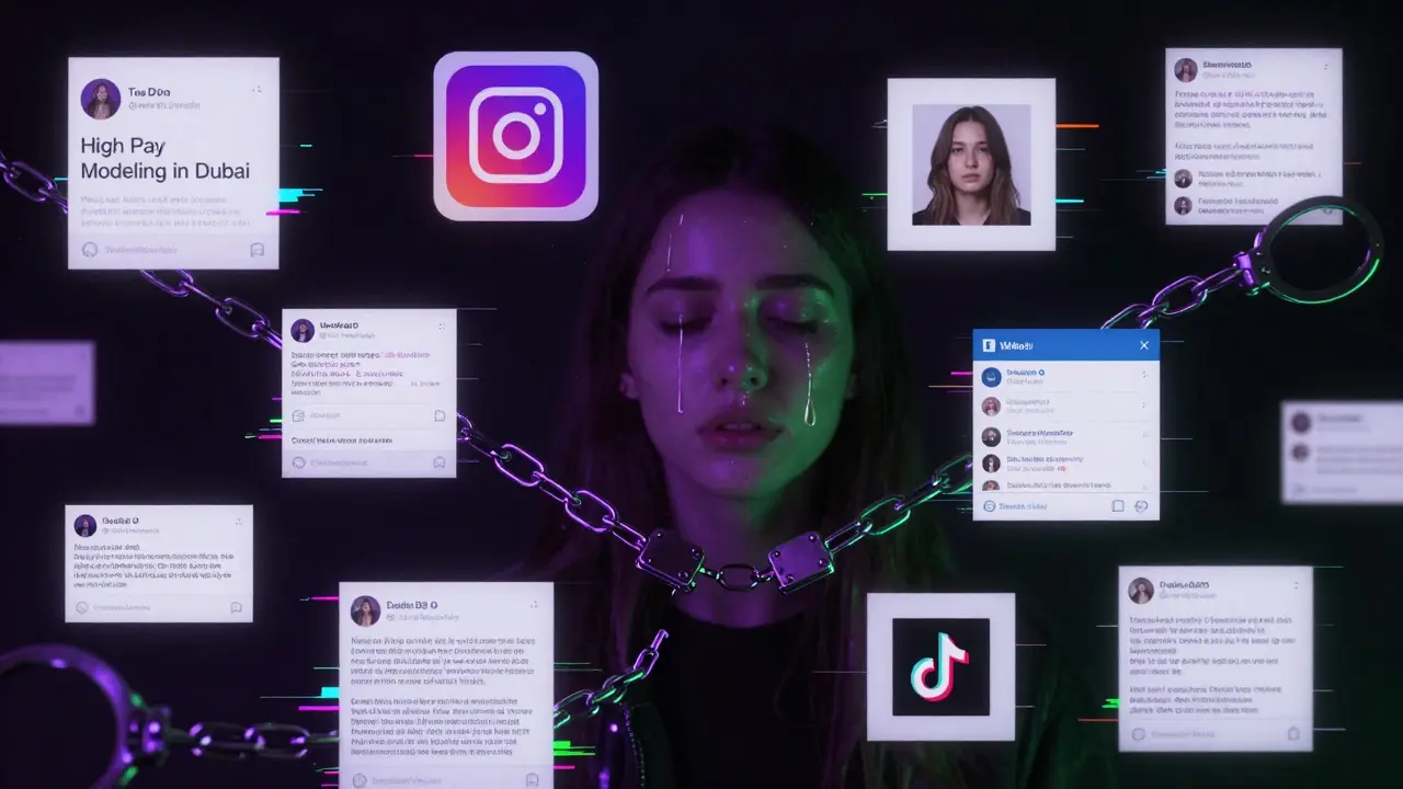 Floating social media screens dissolving into chains, symbolizing deceptive recruitment for forced content.