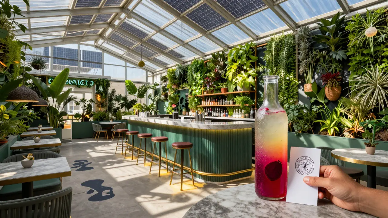 Greenhouse bar with solar panels, kinetic flooring, and vegan cocktails under natural light.