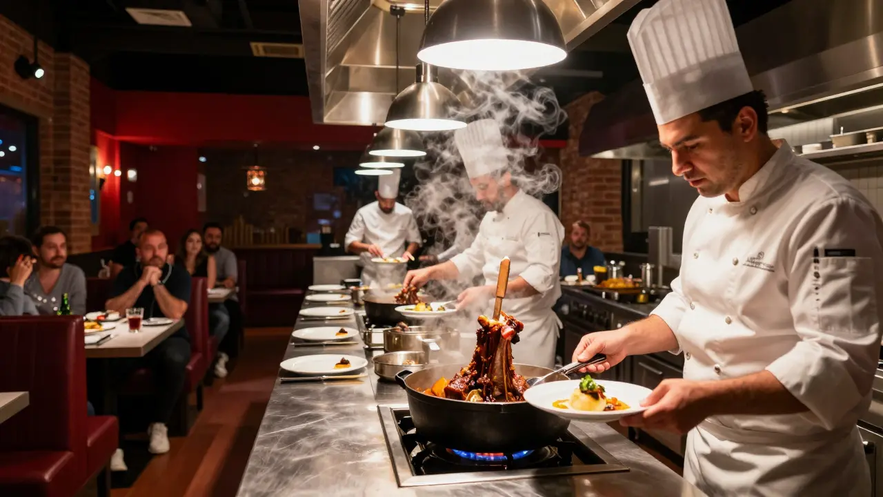 Hell’s Kitchen in Abu Dhabi with chefs plating short rib in an open kitchen surrounded by diners.