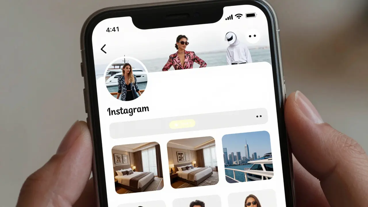 Instagram profile with luxury photos but no followers, displayed on a phone screen.