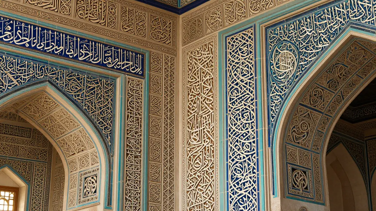 Intricate hand-carved arabesques and tessellated tiles covering mosque walls, with delicate calligraphy in earthy tones.