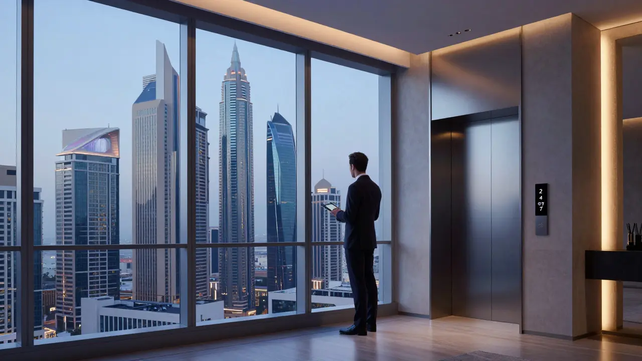 Luxury apartment interior in Opus Tower with panoramic city views and a businessman standing by the window.