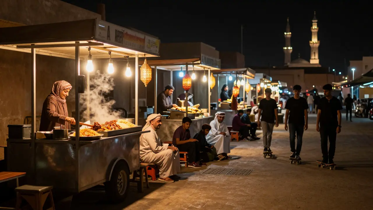 Nighttime food street with sizzling stalls and families eating under string lights.