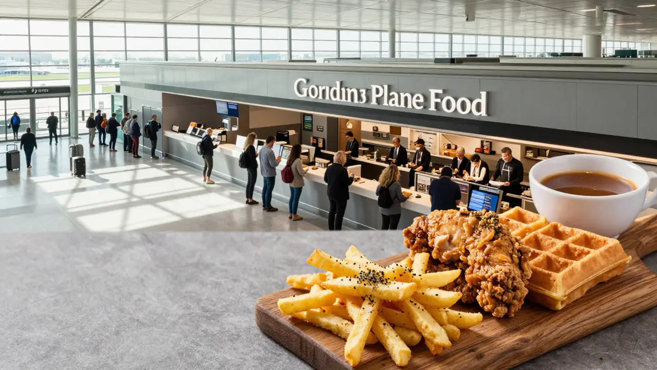 Plane Food at Dubai Airport offering truffle fries and chicken and waffles to travelers.