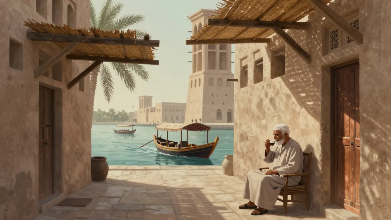 Quiet alley in Al Fahidi with traditional architecture and coffee being served.