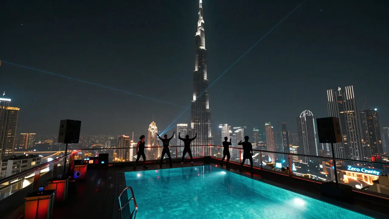 Rooftop dance party at Zero Gravity with Burj Khalifa glowing behind dancers under laser lights.