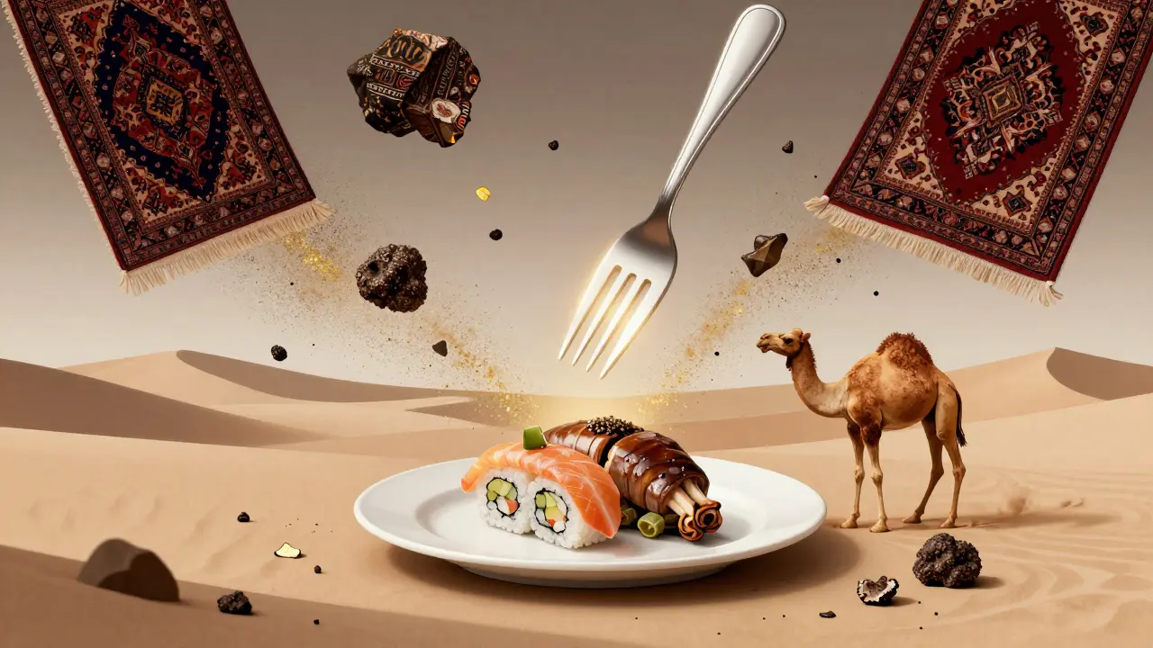 Surreal vision of a meal merging global cultures, with floating elements of food, desert, and market in golden dust.