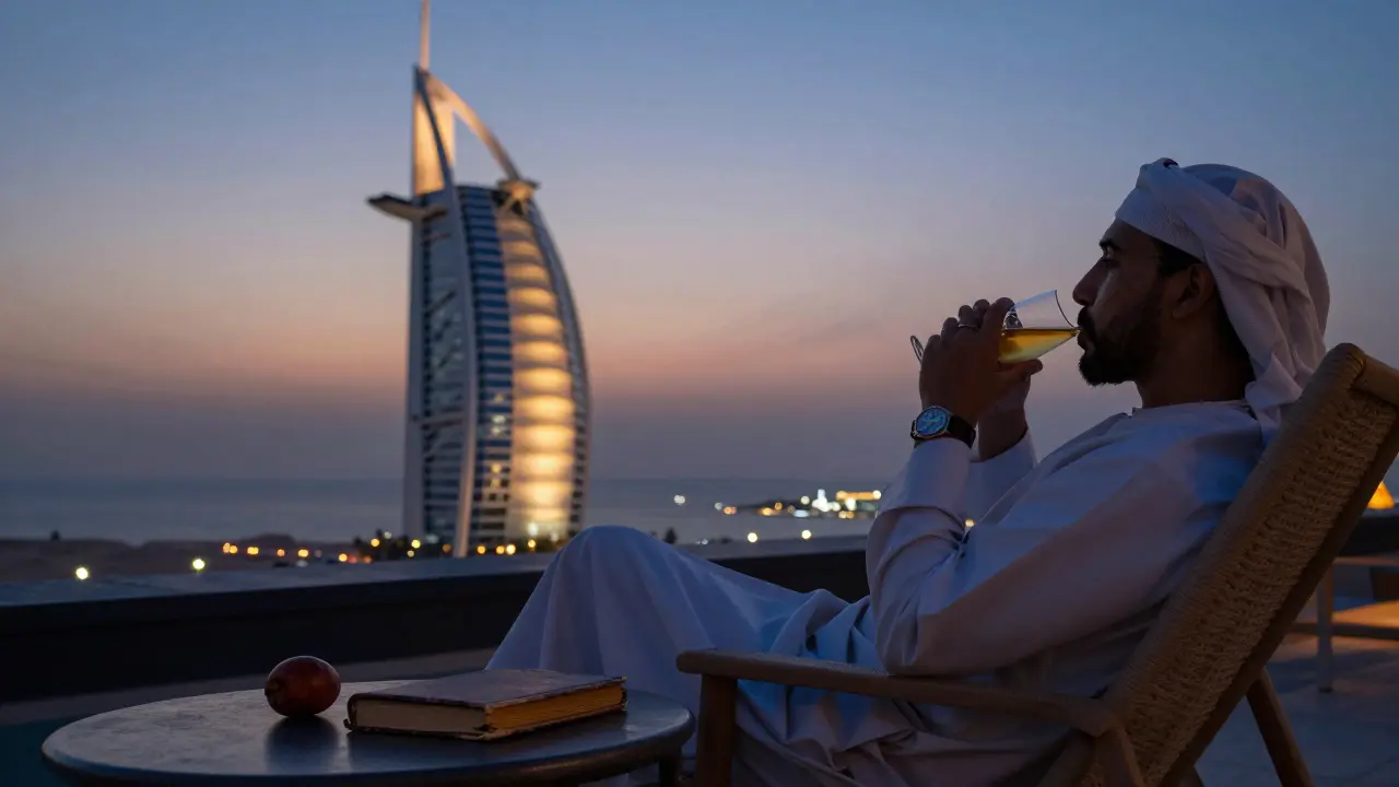 Traveler relaxing on a rooftop at dusk with city lights and desert horizon.
