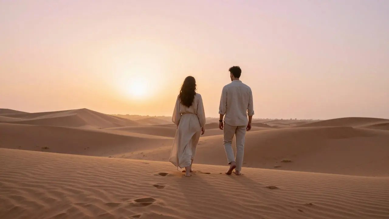 Two figures walking silently through desert dunes at dawn, bathed in golden light, no faces visible.