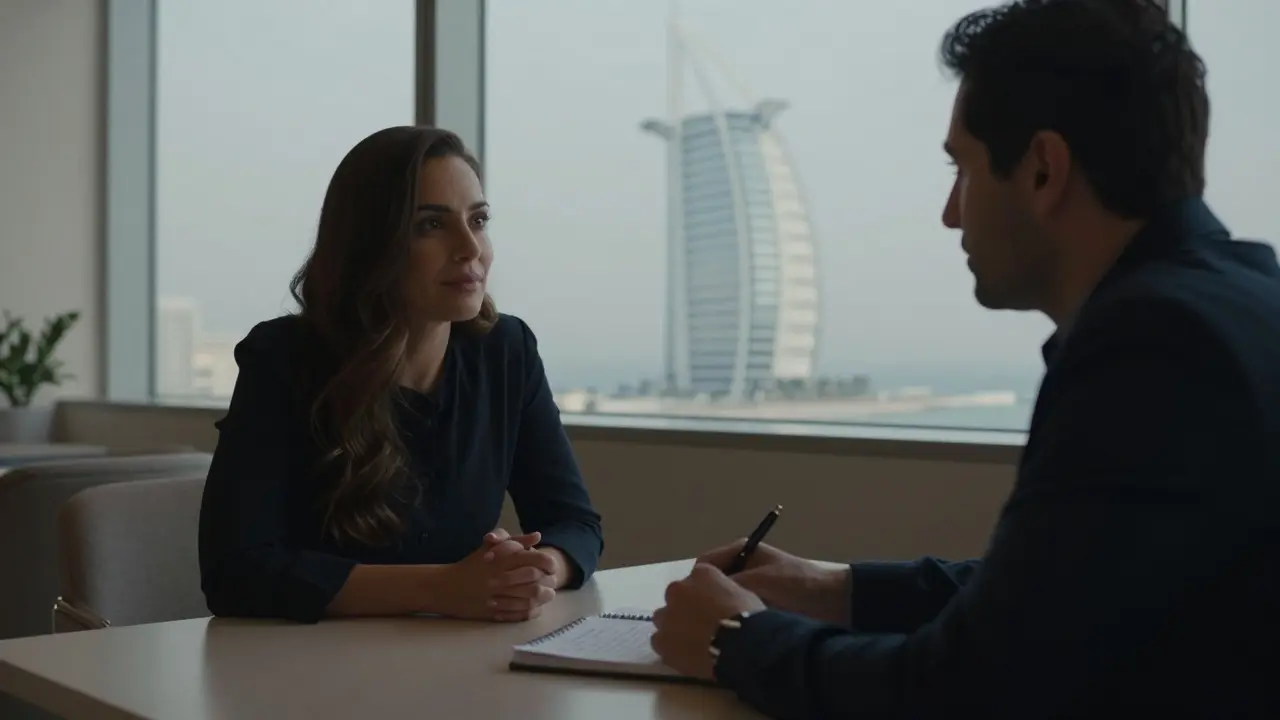 Two people engaged in deep conversation in a dimly lit lounge, eye contact conveying quiet understanding.