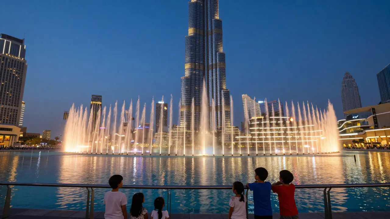 View of the Dubai Fountain from Dubai Mall's upper balcony, with the Burj Khalifa in the background and spectators watching below.