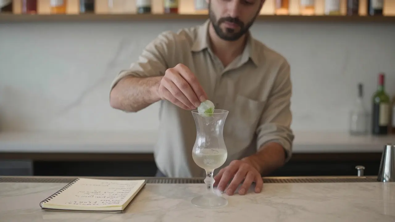 A bartender places a custom cocktail in a hand-blown glass vessel, with no menu or labels visible, only quiet elegance.