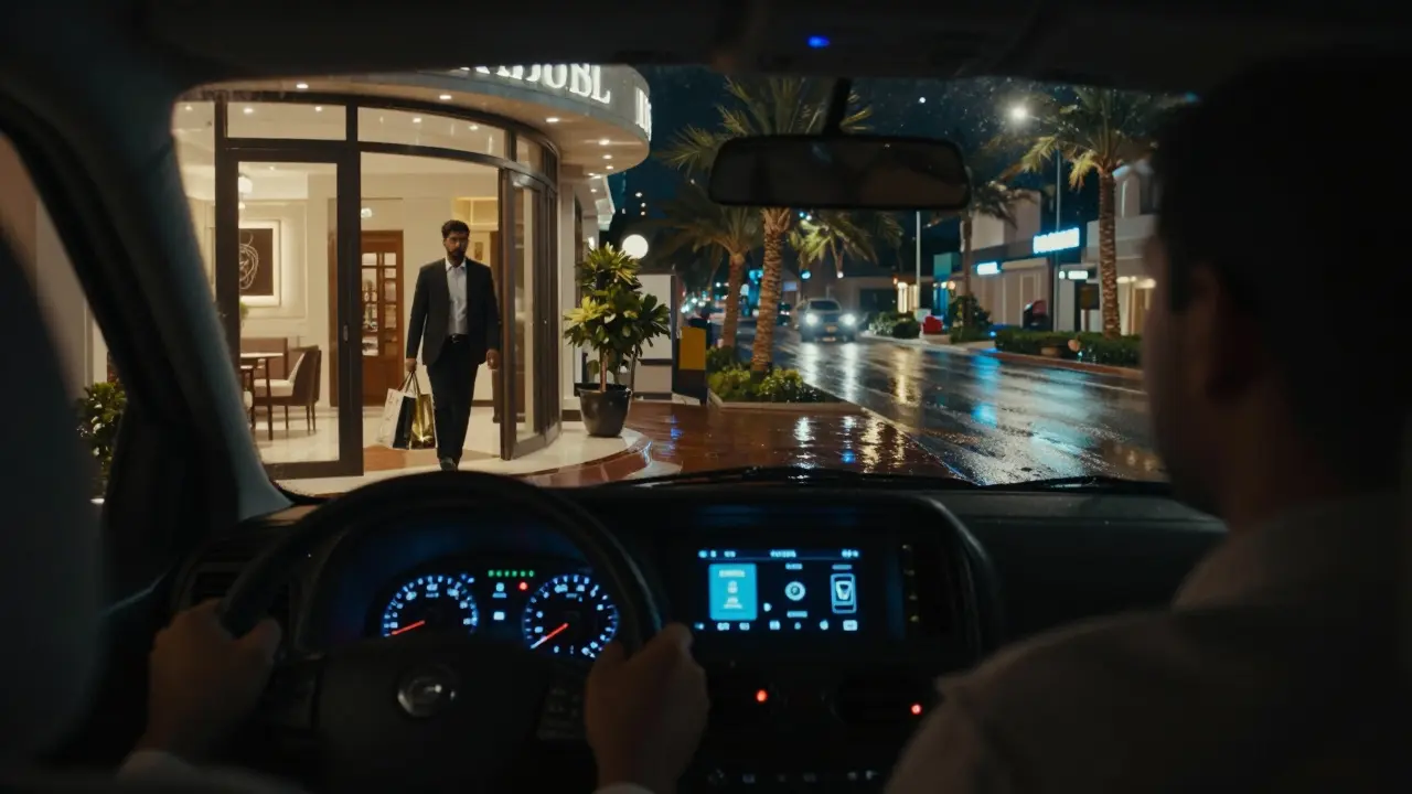 A Careem driver waits outside a luxury hotel at night, dashboard lit with a payment notification.
