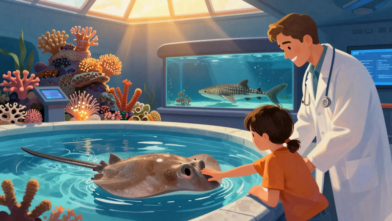 A child touching a ray in an interactive zone at the Dubai Aquarium, with coral reefs and a marine biologist nearby.