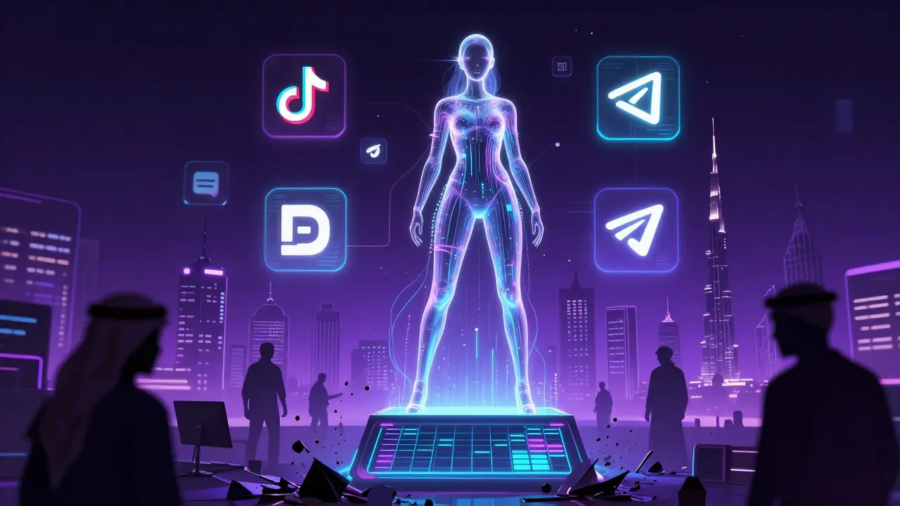 A digital avatar made of data streams floating above a blockchain, symbolizing AI-enhanced content creation and the decline of traditional studios in Dubai.