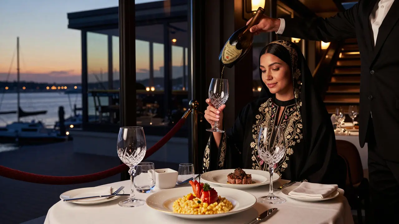A fine dining table at La Terrazza overlooks Dubai Marina at sunset, with gourmet dishes and crystal glasses catching the golden light.
