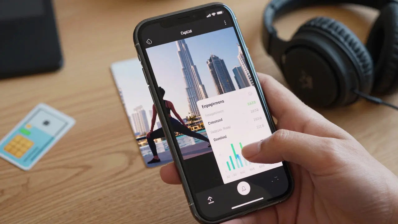 A hand editing a video on an iPhone with pixelated visuals and analytics, showing how performers market content indirectly without revealing their identity.