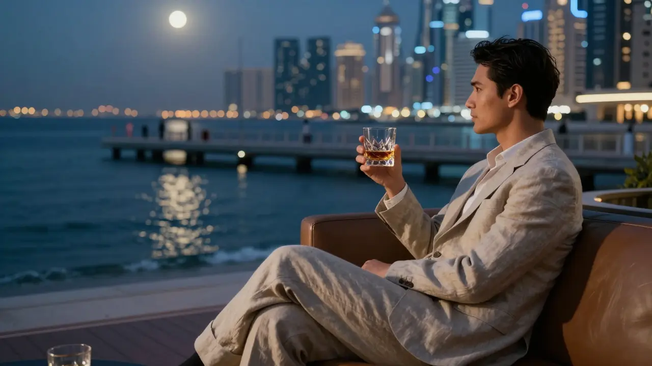 A lone person sits on a sofa overlooking Dubai Marina at night, holding a glass of whiskey as the city glows softly in the distance.