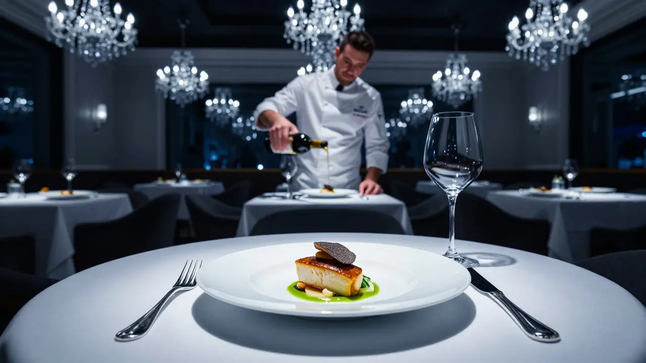 A luxurious Michelin-starred fine dining table in Dubai with precise plating and sommelier service, contrasting casual cuisine.