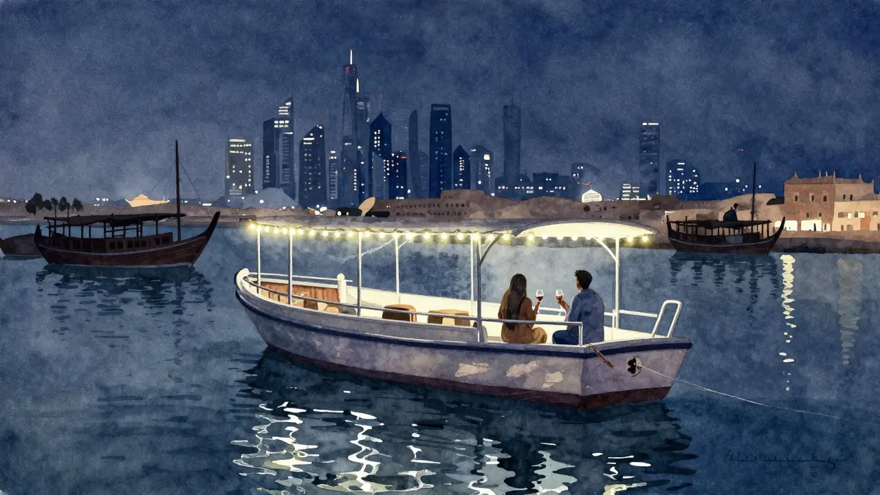 A peaceful night cruise on Dubai Creek with a private yacht, couple sipping wine under soft lights as city lights glow in the distance.