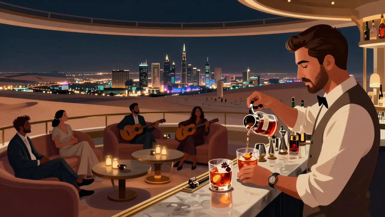 A rotating rooftop lounge offering panoramic views of Dubai’s city lights and desert, with a bartender mixing a signature Emirati cocktail.