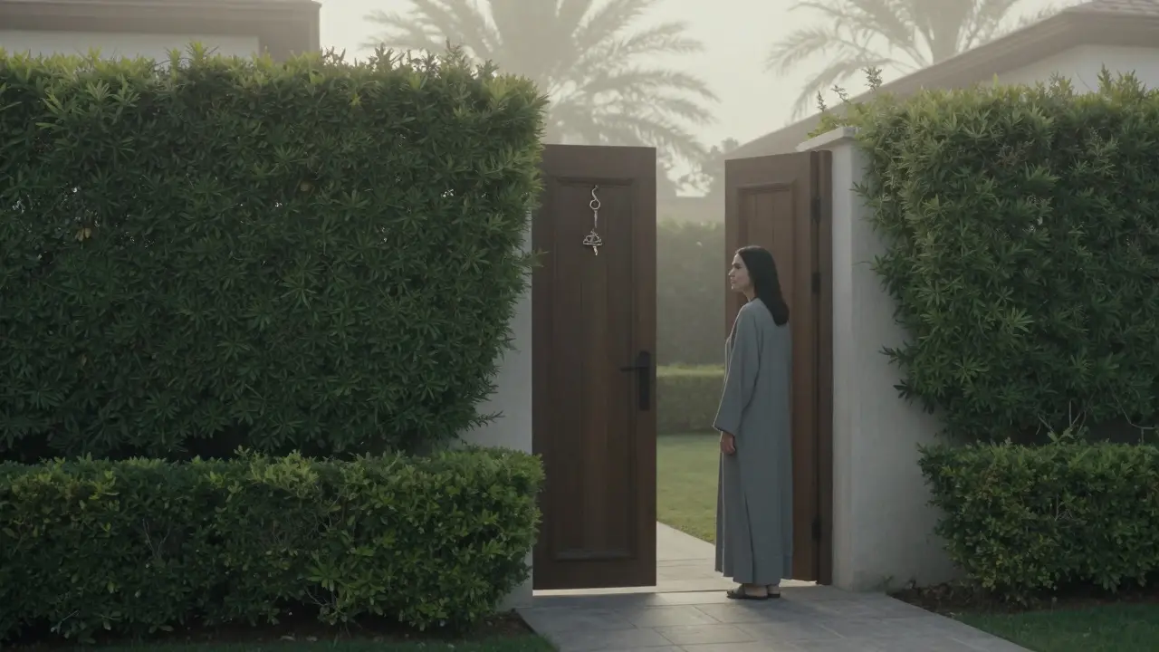 A secluded villa entrance at dawn, a lotus symbol on the door, a woman in robe standing inside, misty garden behind.