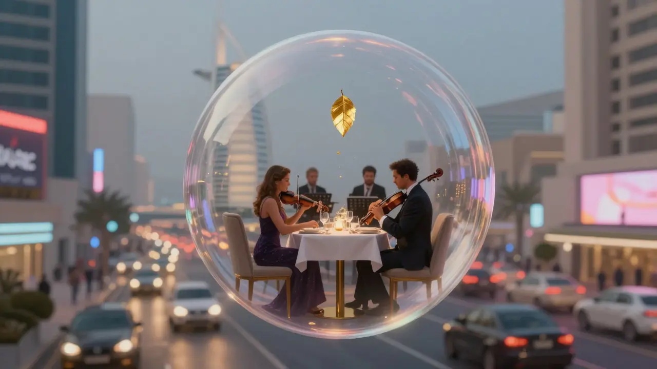 A serene bubble of luxury floating above Dubai, where silence and elegance replace the chaos of the city below.