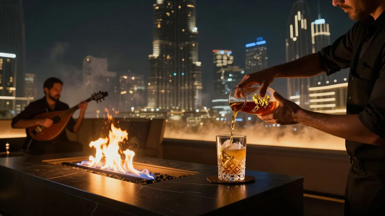 A sleek rooftop lounge at night with fire pits, live oud music, and the Burj Khalifa glowing in the distance as a cocktail is served.