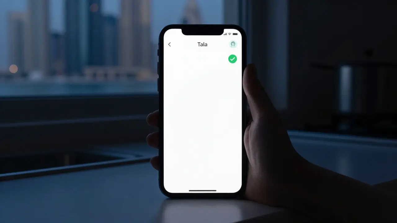 A smartphone screen displaying a secure adult networking app, glowing in the dark, with a woman's hand nearby in a Dubai apartment.
