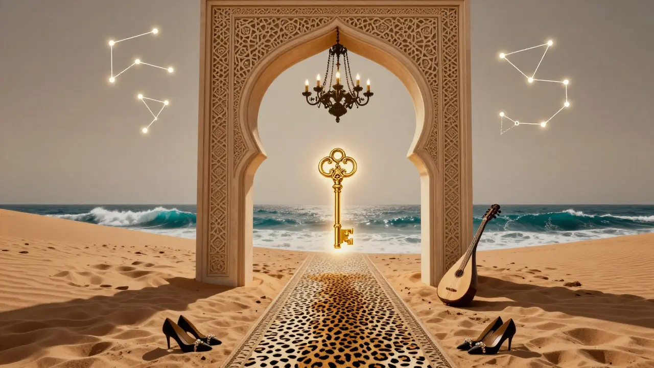 A surreal fusion of Islamic architecture and Baroque design, with a golden key floating above desert and ocean, symbolizing exclusivity and elegance.