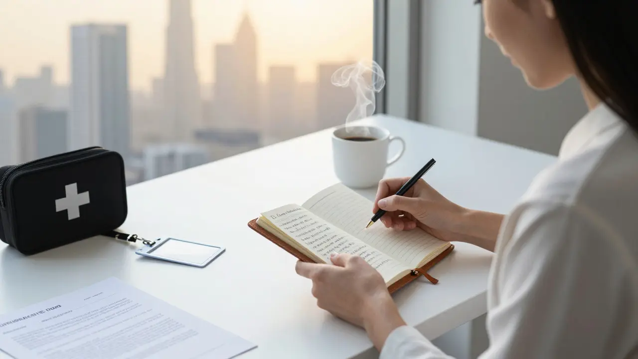 A woman reviews cultural notes and safety protocols in a quiet morning workspace, surrounded by tools of her disciplined practice.