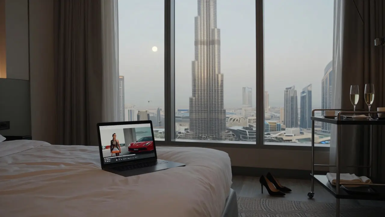 An empty luxury hotel room in Dubai with a laptop showing a social media profile and a single high heel near the door.
