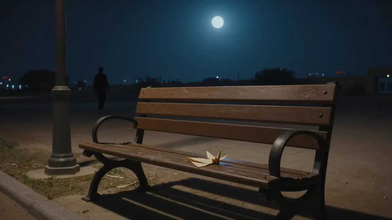 An empty park bench with a folded note and paper crane under a streetlamp at night.
