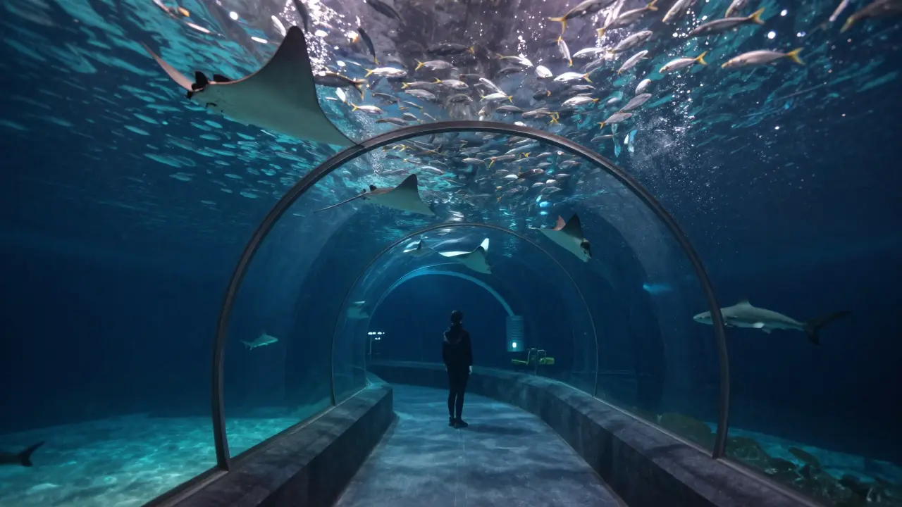 An immersive underwater tunnel filled with swirling fish and gliding rays, viewed from inside the acrylic passage.