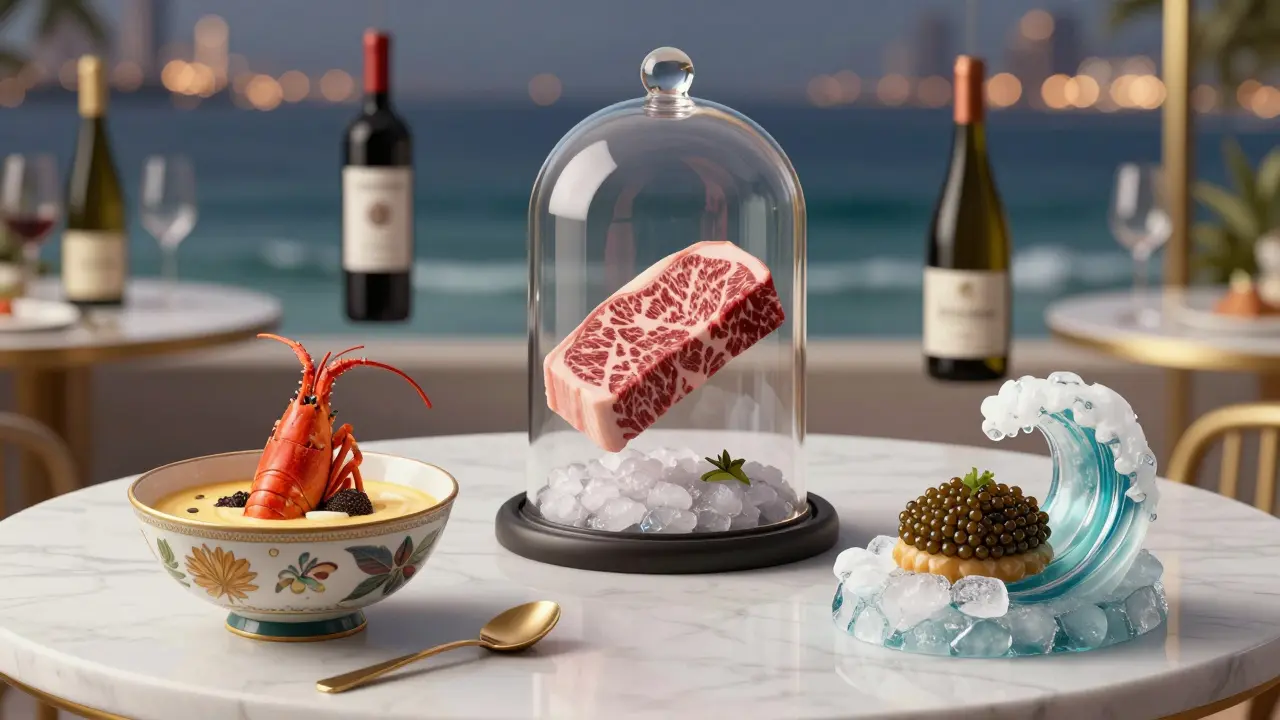 Artfully plated gourmet dishes including truffle lobster bisque, wagyu beef, and caviar on a minimalist white table.