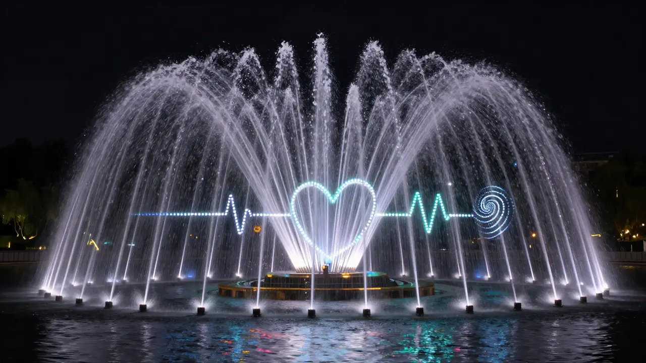 Close-up of 1,000 synchronized nozzles shooting water in rhythmic patterns, glowing with programmable LED lights.